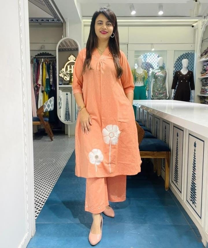 Front view of Aari embroidery cotton coord set in pink