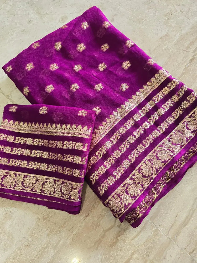 Pure Georgette Banarasi saree with heavy zari border and contrast blouse