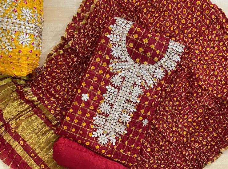 Bandhej print unstitched suit material with Gota Patti handwork