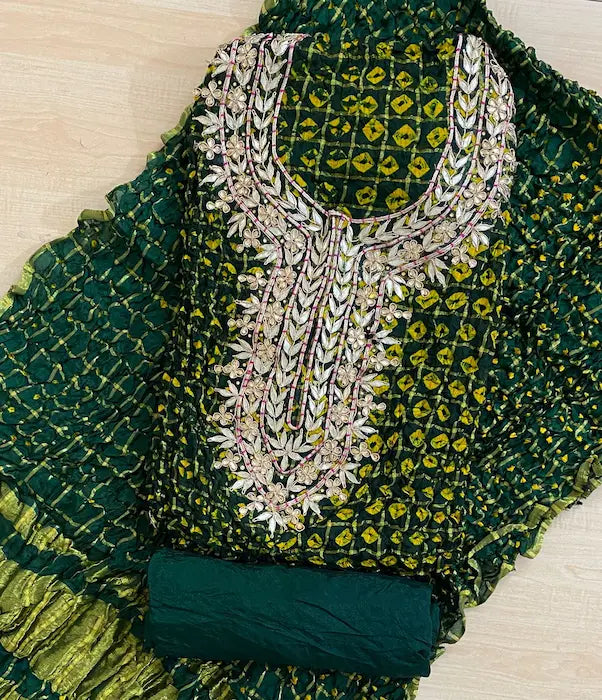 Traditional Bandhej suit fabric set with gota detailing