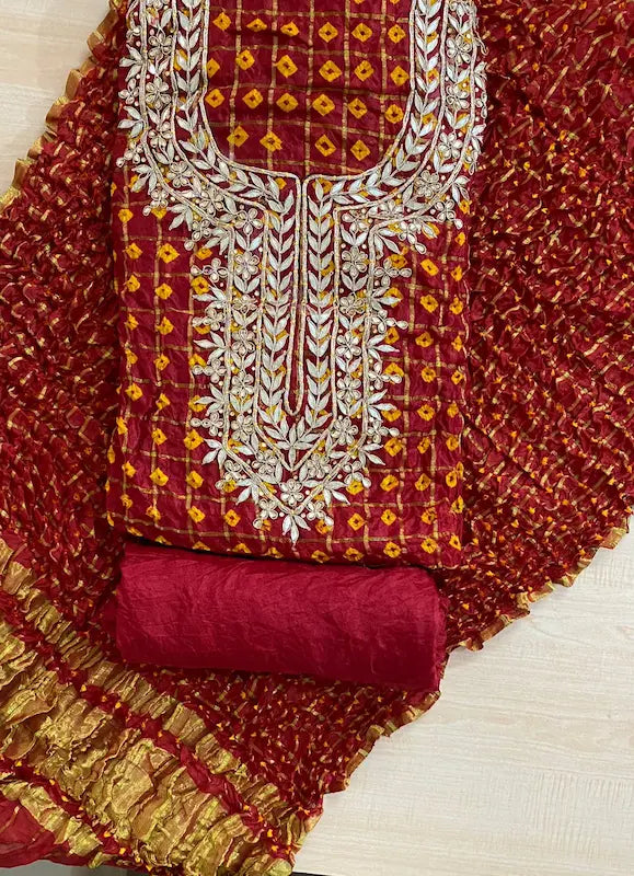 Gota Patti Bandhej dress material set – 2.5m each kurti and bottom red
