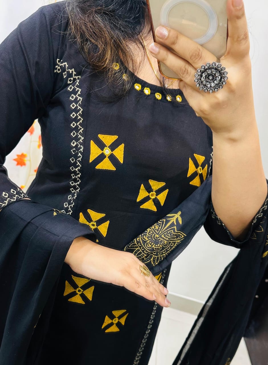 Close-up of mirror work yoke on A-line cotton kurti