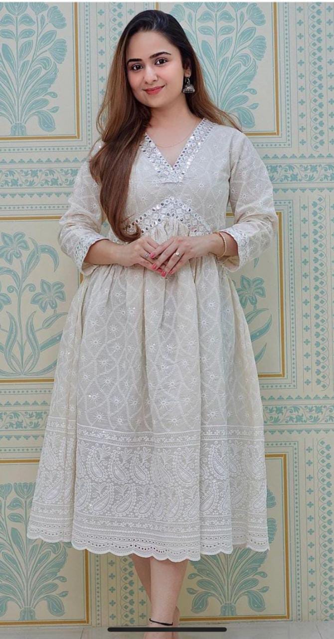 Cotton Chikankari Frock Dress with Lace Sleeves