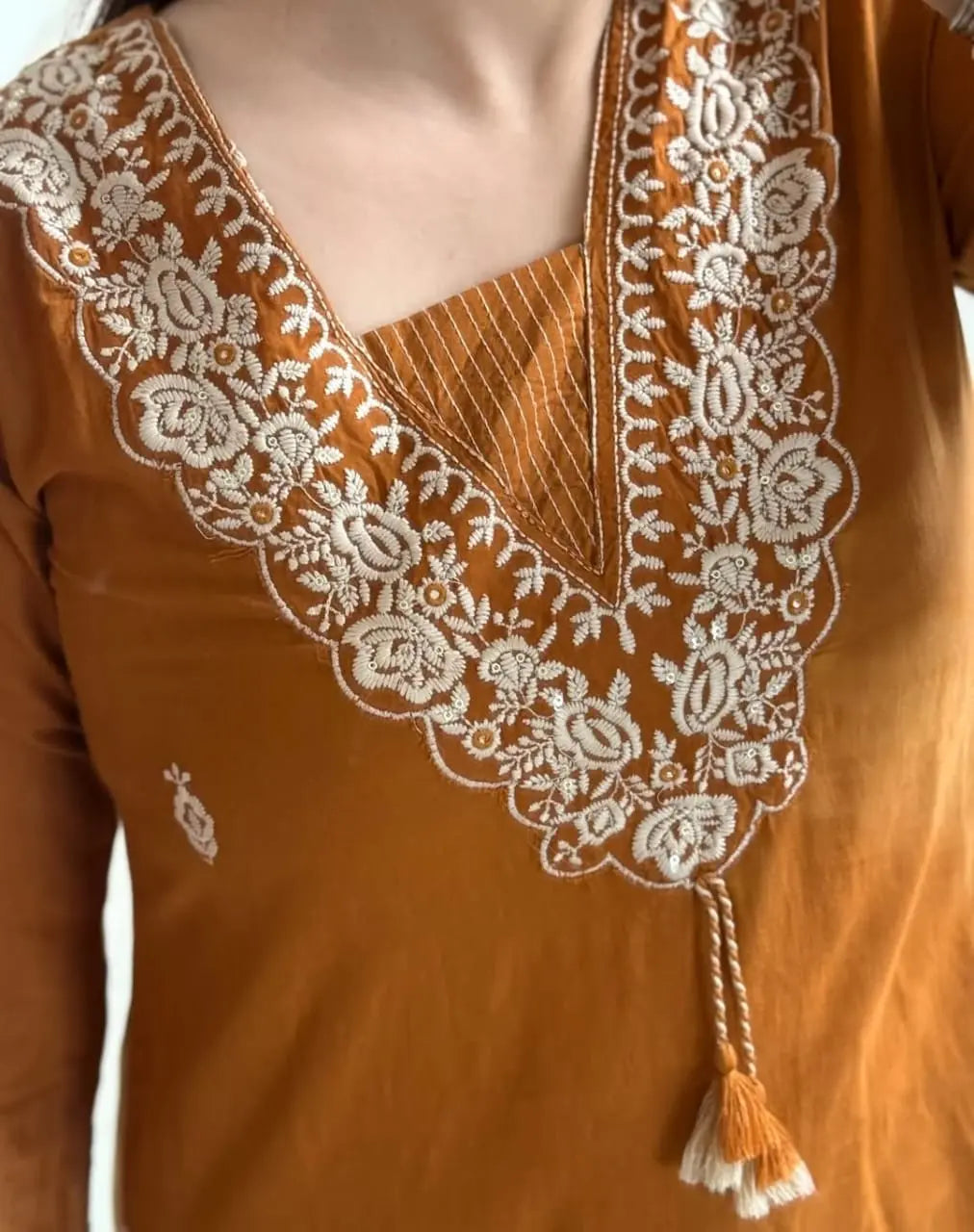 Festive cotton suit set with embroidery work on yoke and full dupatta