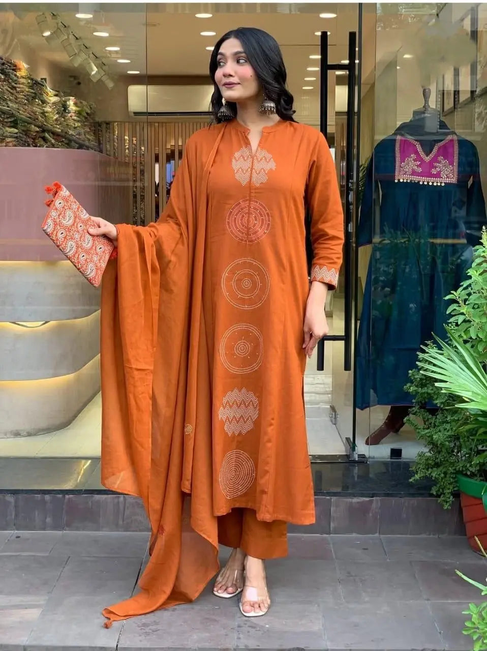 Cotton kurti palazzo set with dupatta and hand embroidery