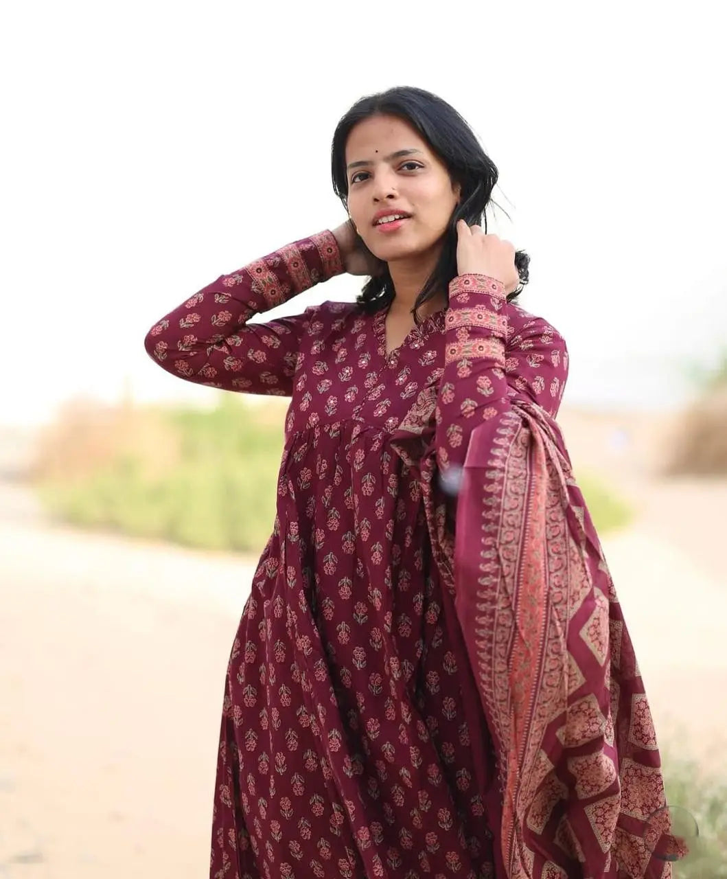 Festive cotton kurti pant dupatta set with intricate detailing