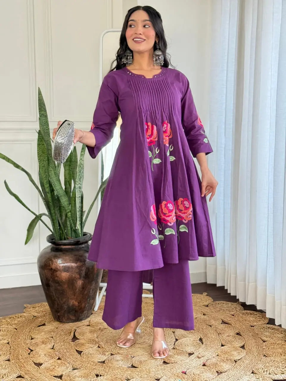 Purple cotton kurta set with mirror & printex detailing