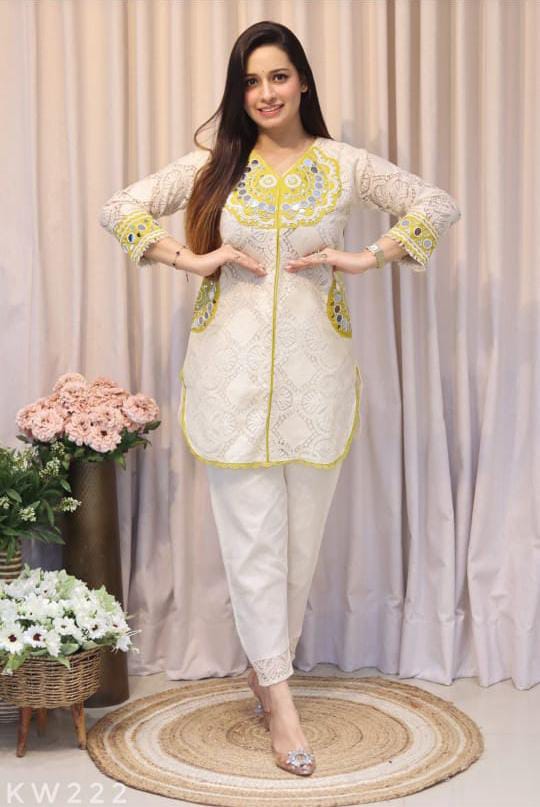 Festive cotton coord set with elegant Schiffli embroidery
