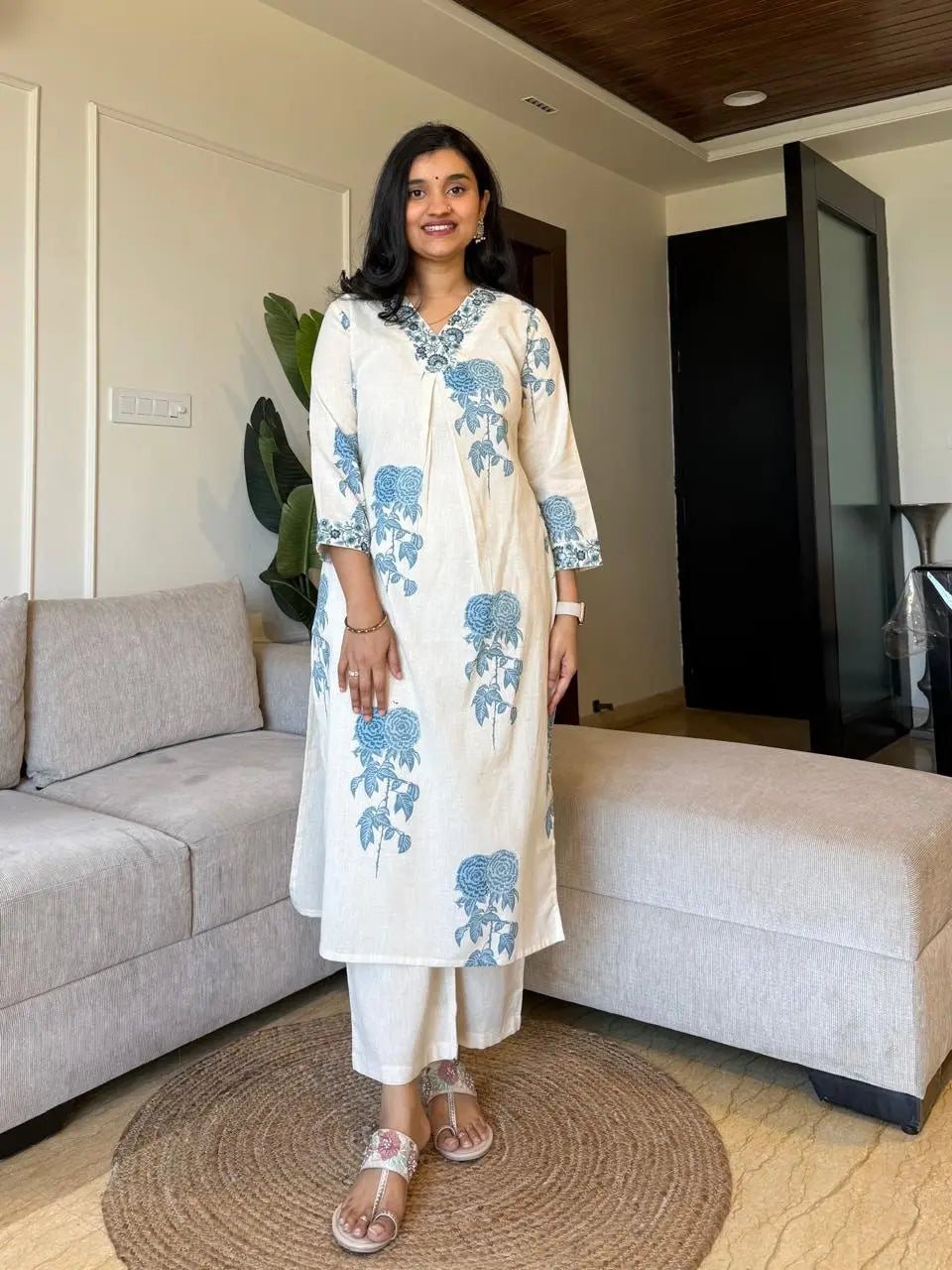 Printed cotton slub pant set for office wear