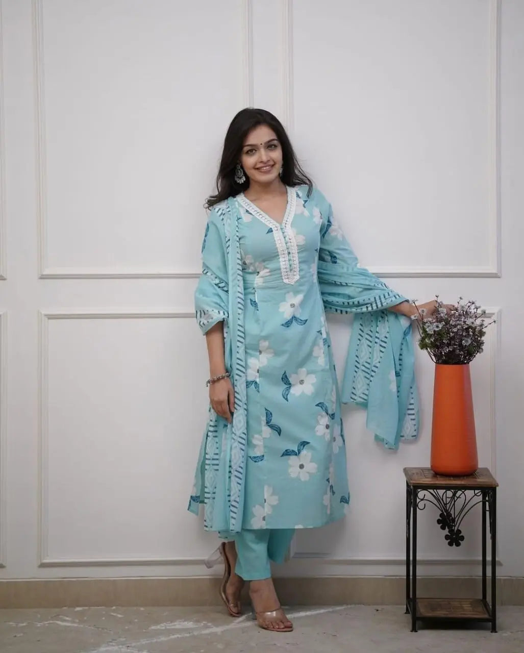 Embroidered cotton kurti with discharge print and latkan