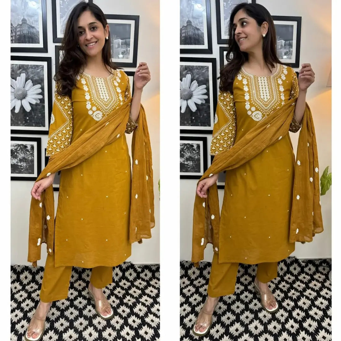Front view of embroidered cotton kurta set with malmal dupatta