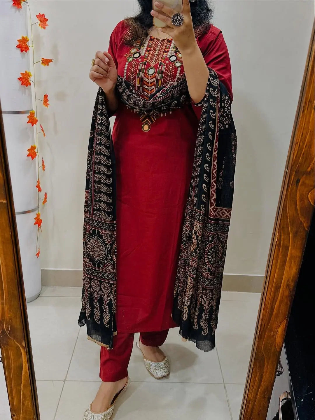 embroidered cotton kurti pant set with dupatta
