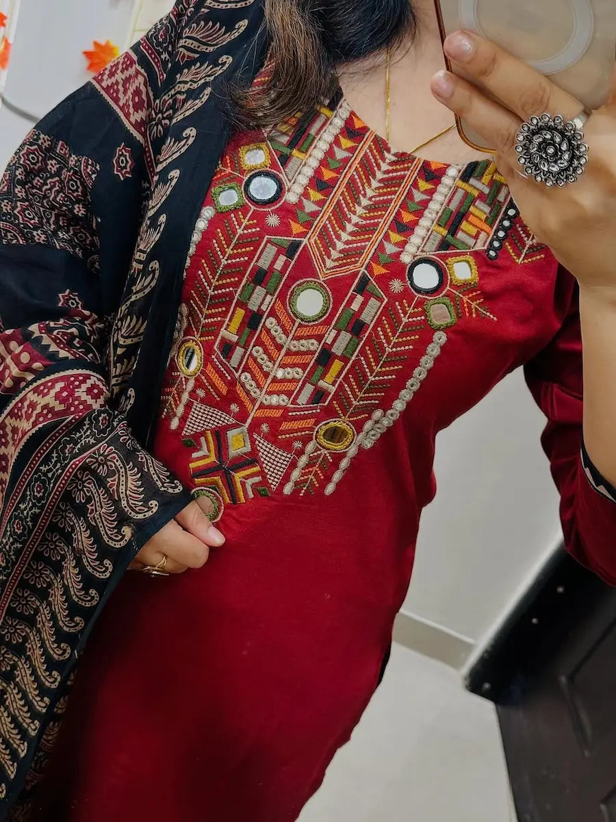 Traditional heavy cotton kurti pant dupatta in 3 colors