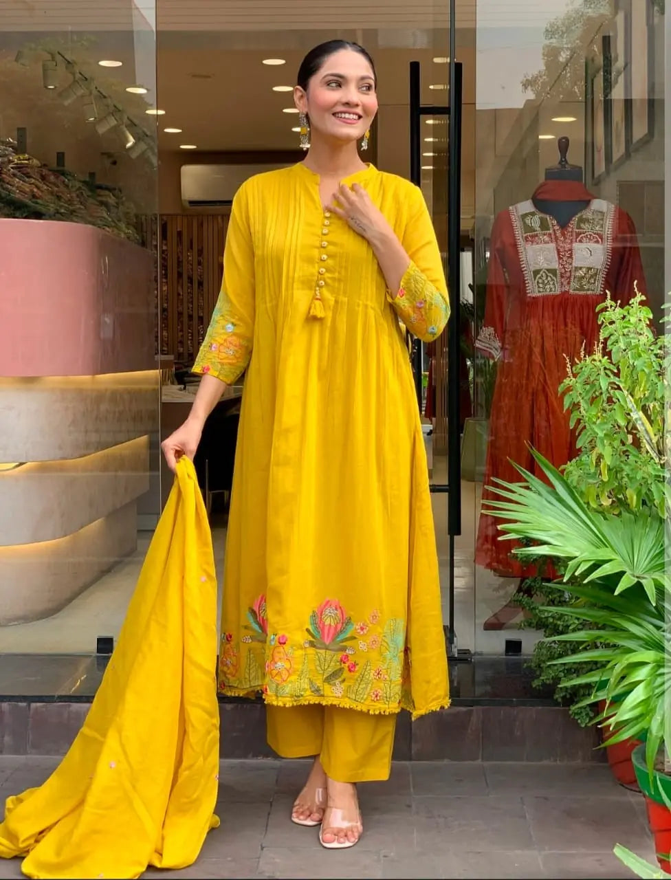 Daily wear cotton kurti and pant set with soft malmal dupatta