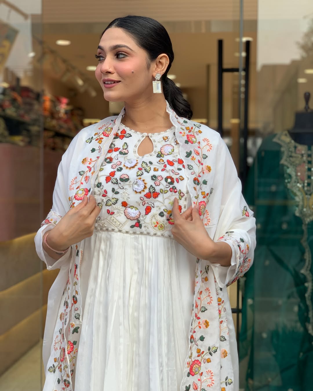 Embroidered yoke cotton kurti with soft malmal dupatta