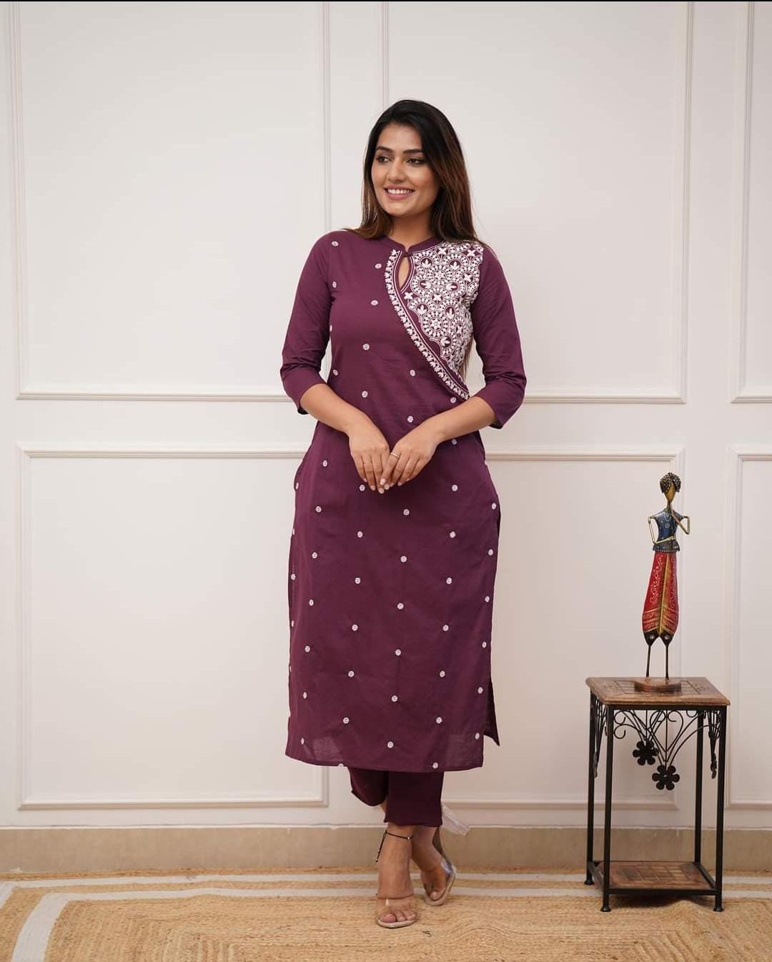 Trendy rayon kurti with embroidery detailing and pants