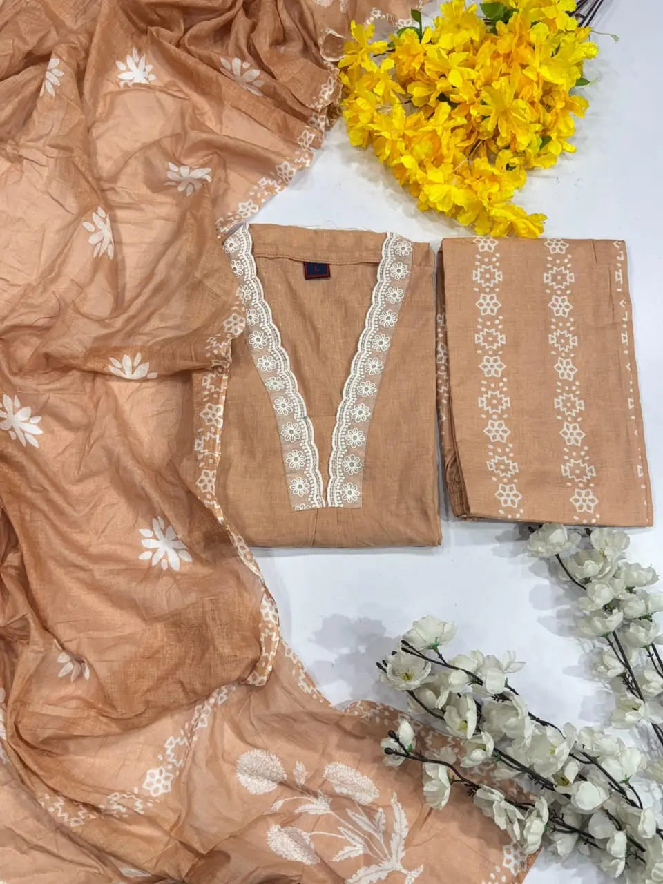 Pure cotton 60x60 kurta set with embroidered dupatta