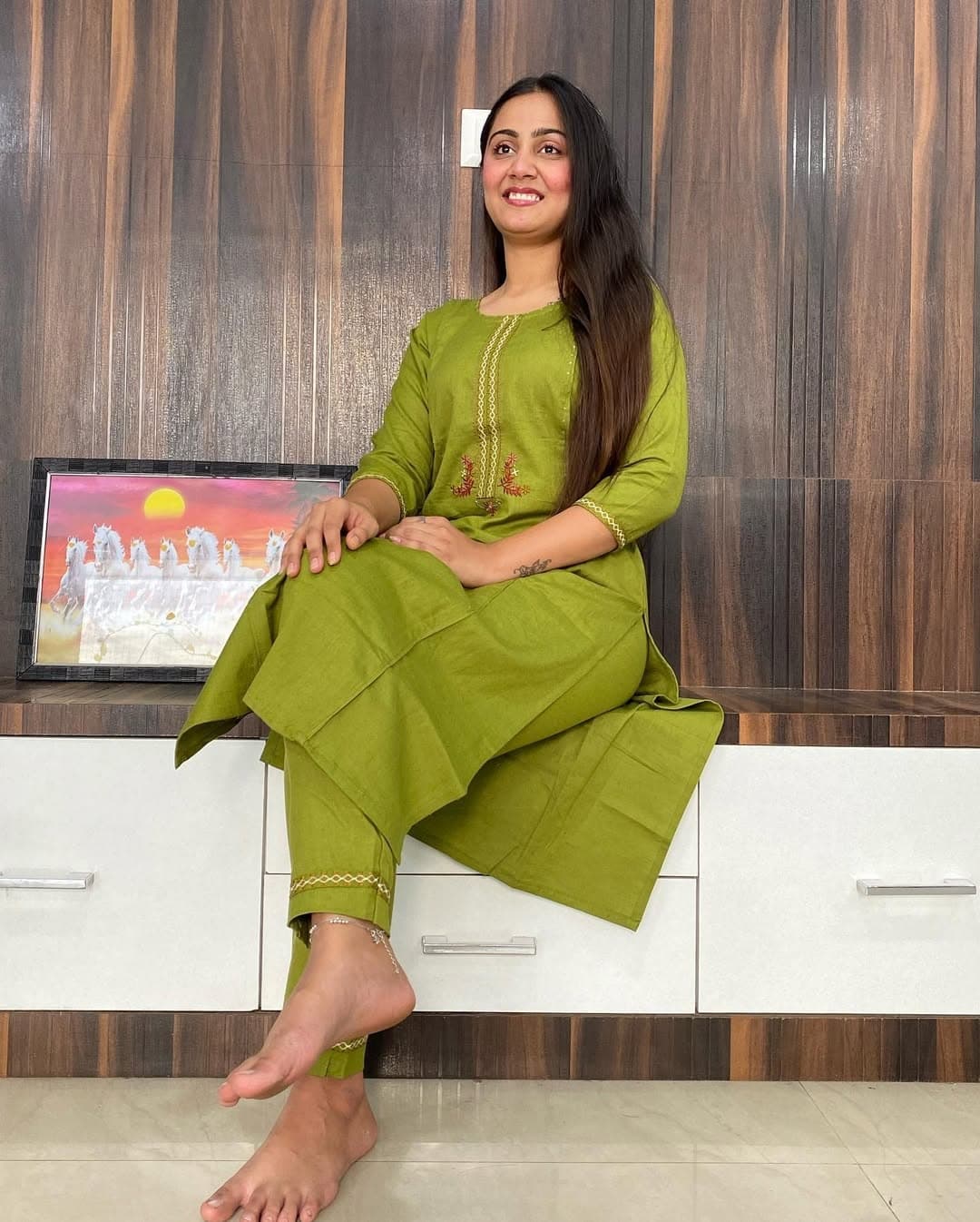 Heavy Cotton Embroidered Kurti with Pant – Front View