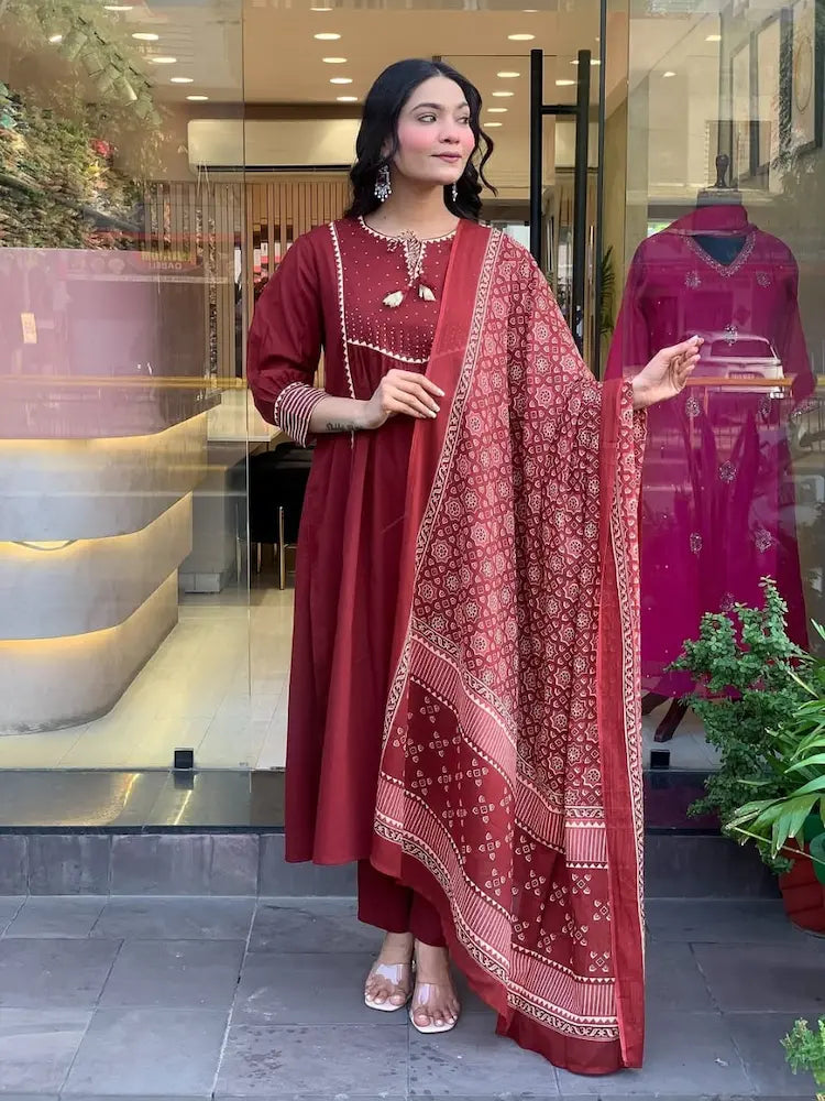 Heavy Cotton Kurti Set with Pant and Dupatta – Festive Ready