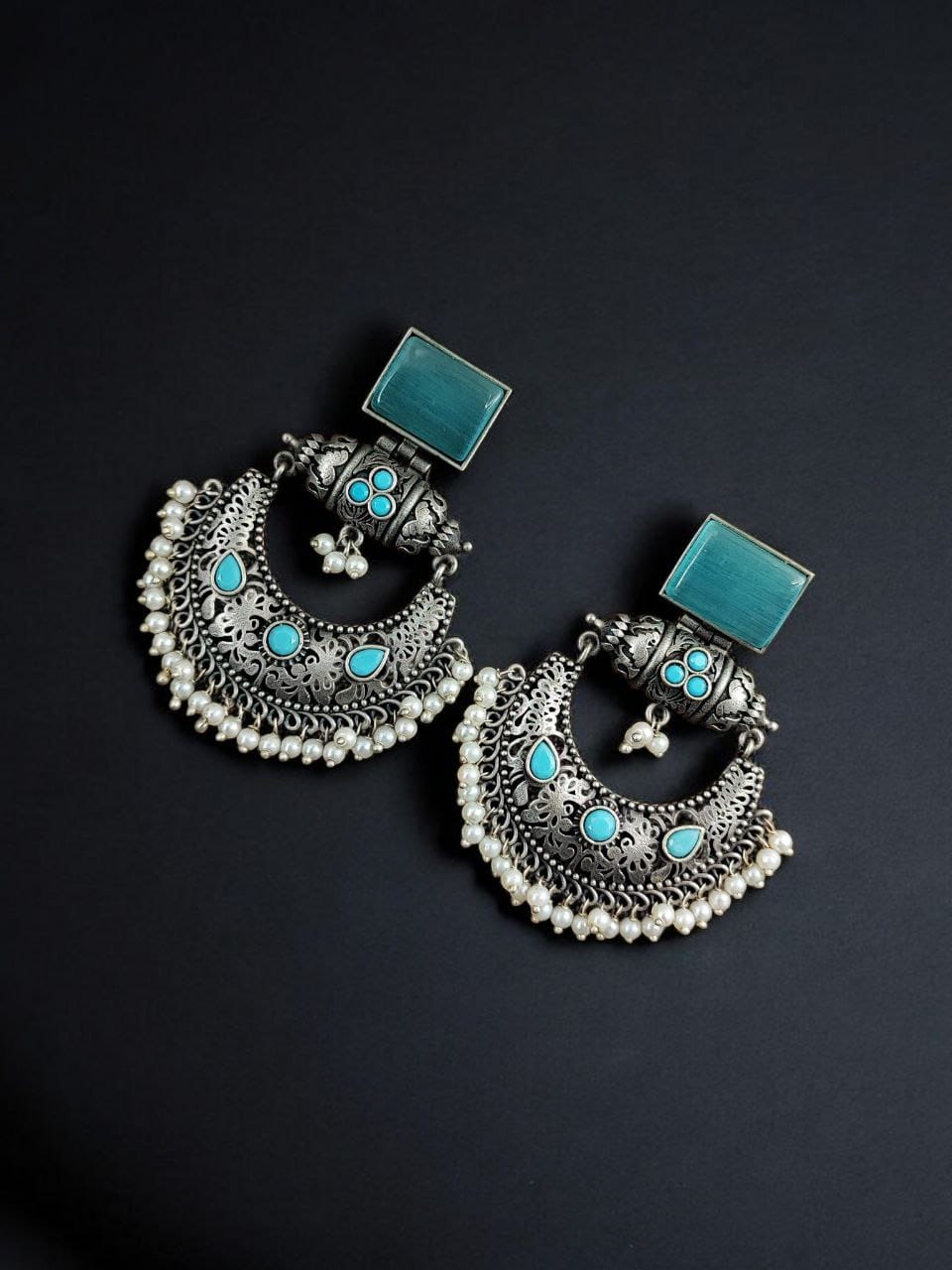 Maabetii Sky Blue Silver Look- Alike Chandbali Earrings with Square Stone