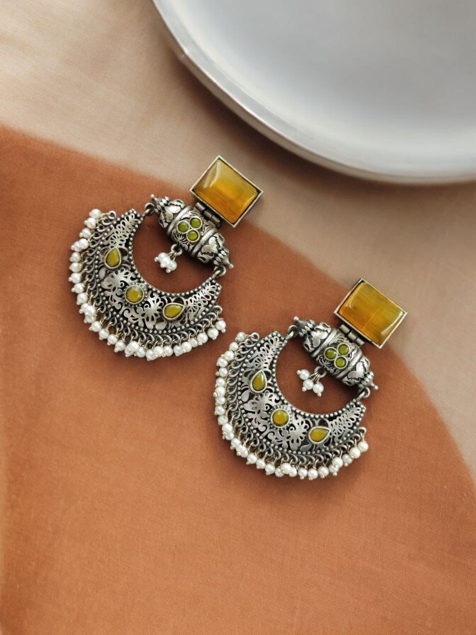 Maabetii Yellow Silver Look- Alike Chandbali Earrings with Square Stone