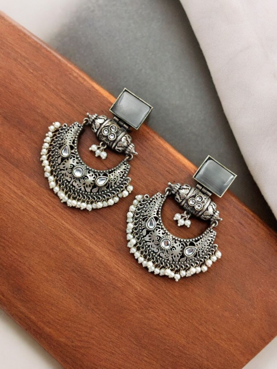 Maabetii White Silver Look- Alike Chandbali Earrings with Square Stone
