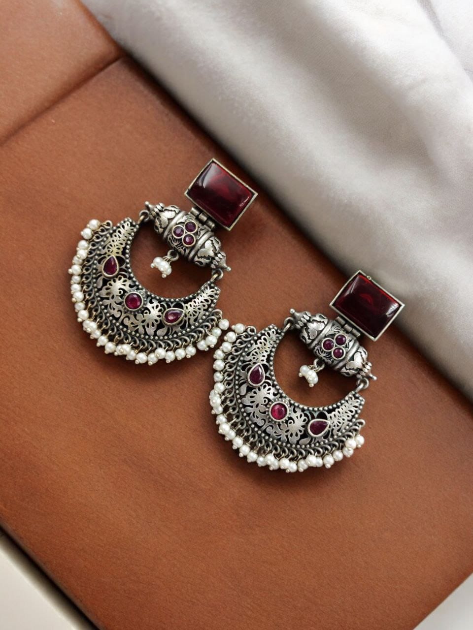 Maabetii Red Silver Look- Alike Chandbali Earrings with Square Stone