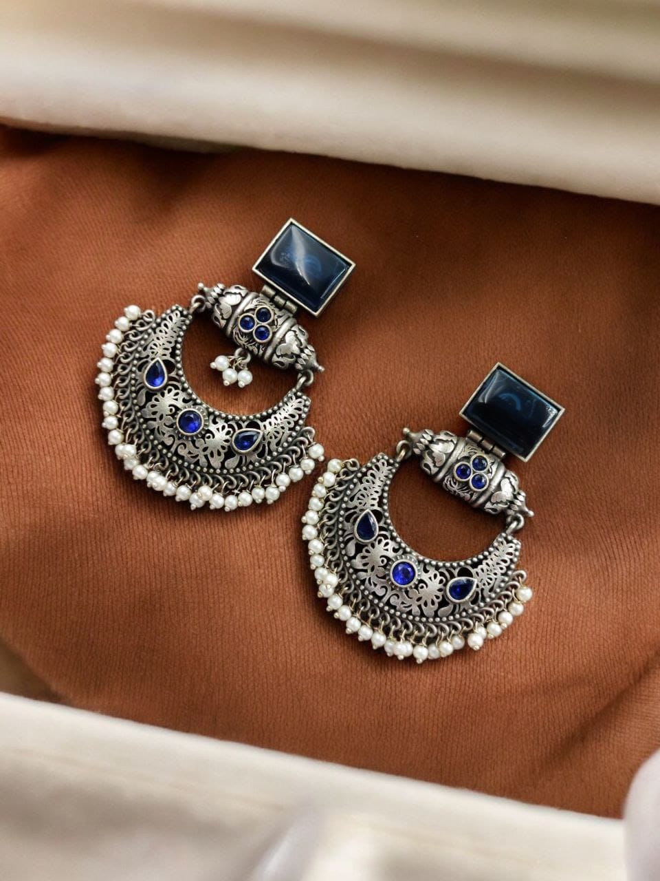 Maabetii Blue Silver Look- Alike Chandbali Earrings with Square Stone