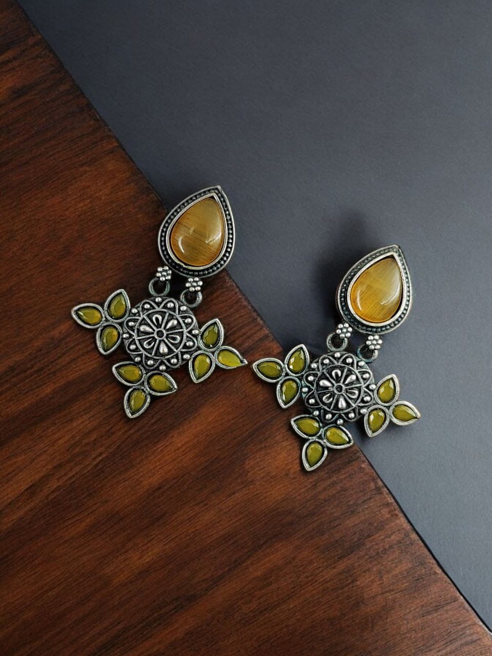 Maabetii Yellow Silver Look- Alike Earring with Attractive Drop Monalisa Stone Work