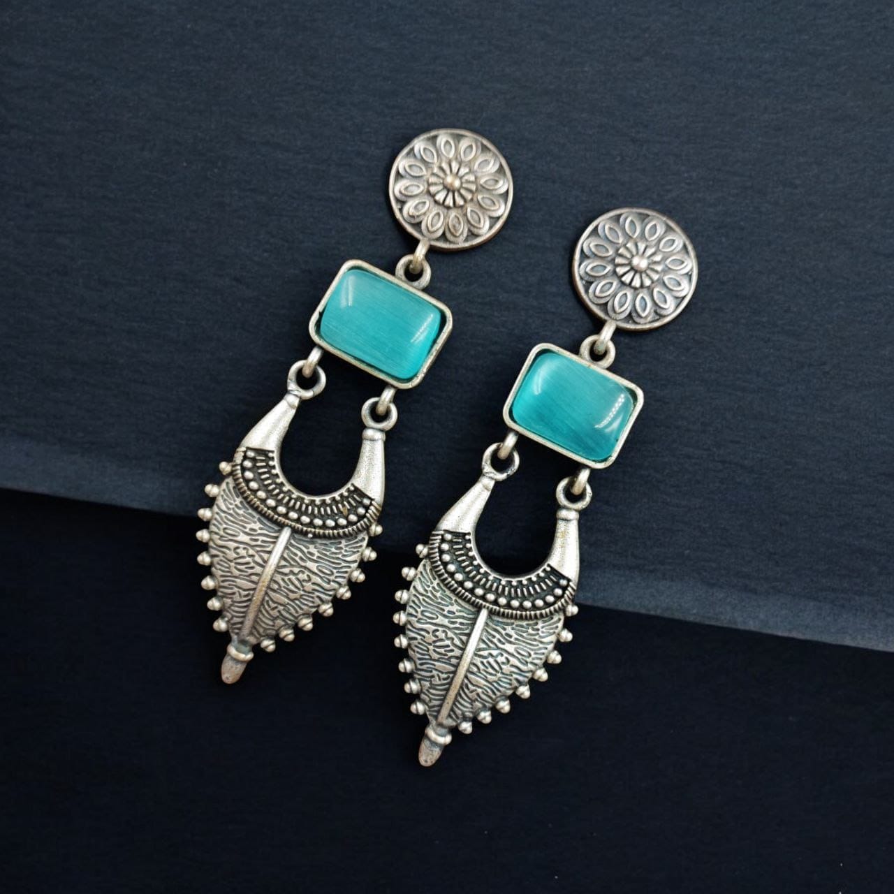 Maabetii Sky Blue Silver Look- Alike Jhumka with Square Stone