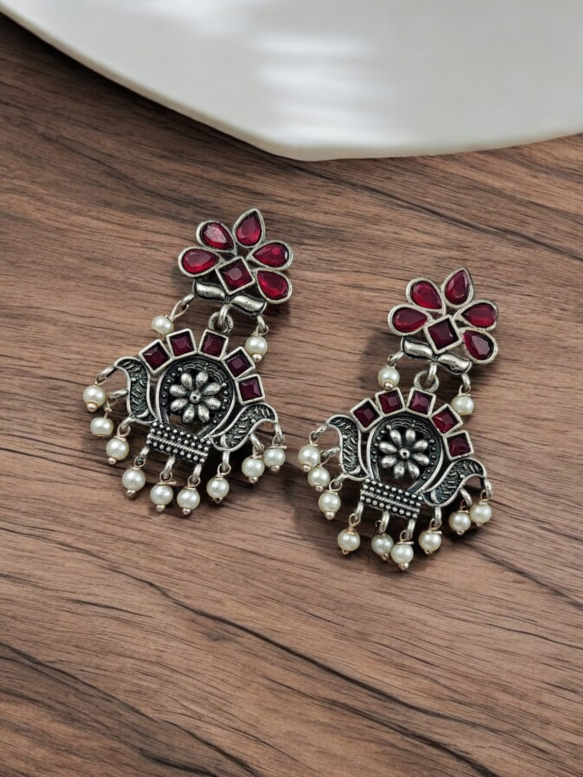 Maabetii Red Oxidised Silver Look Dangler Jhumka