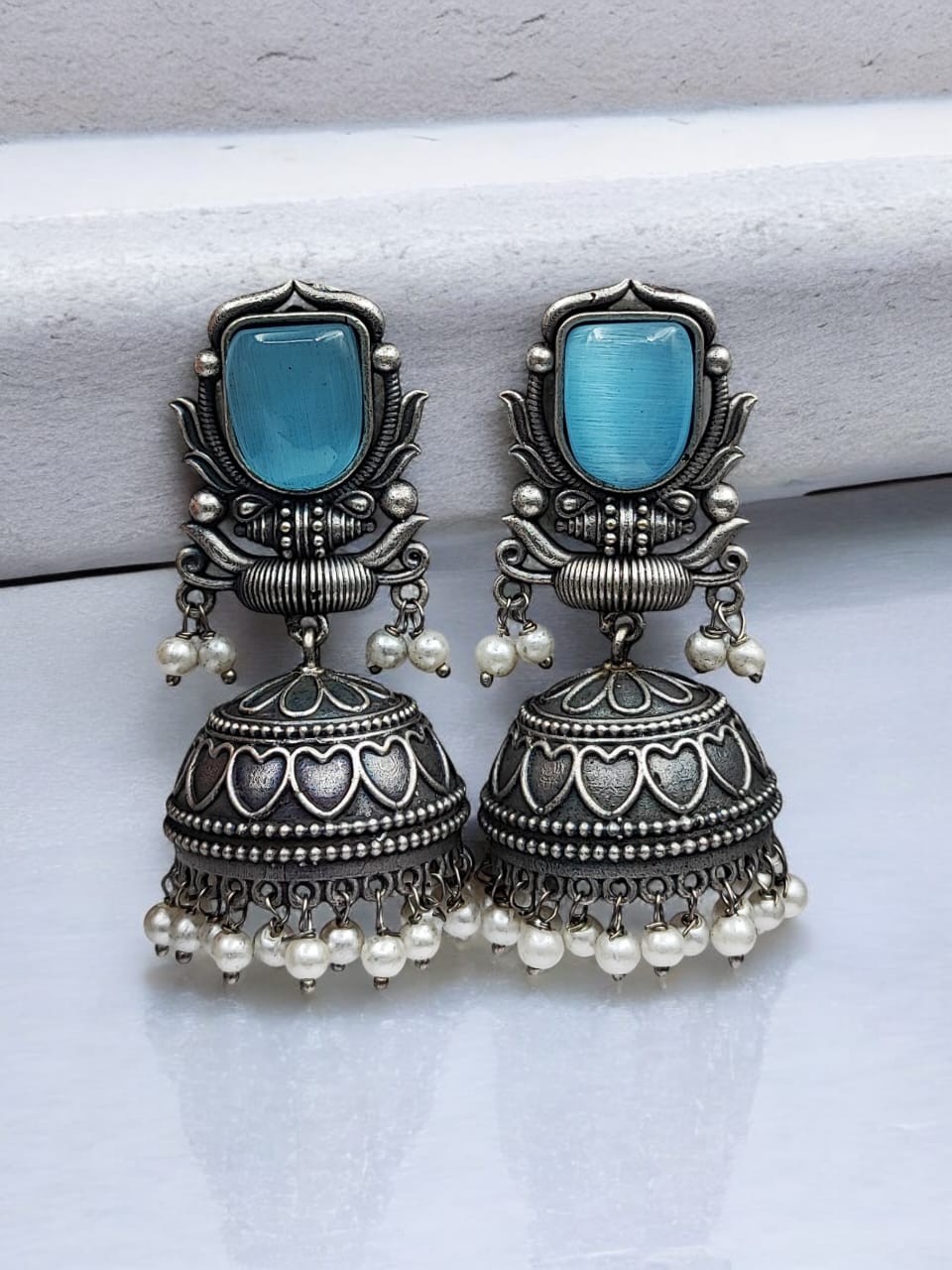 Maabetii Sky Blue Silver Look Monalisa Stone Work Jhumka