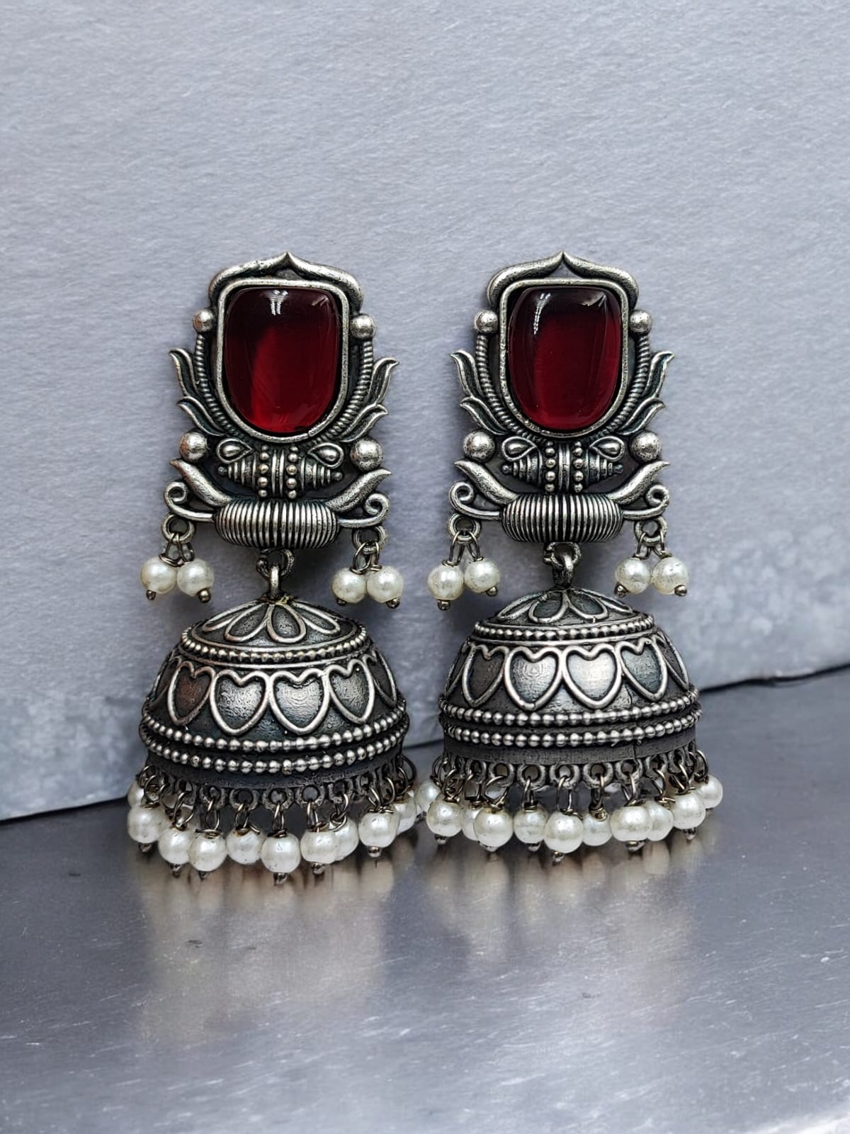 Maabetii Red Silver Look Monalisa Stone Work Jhumka