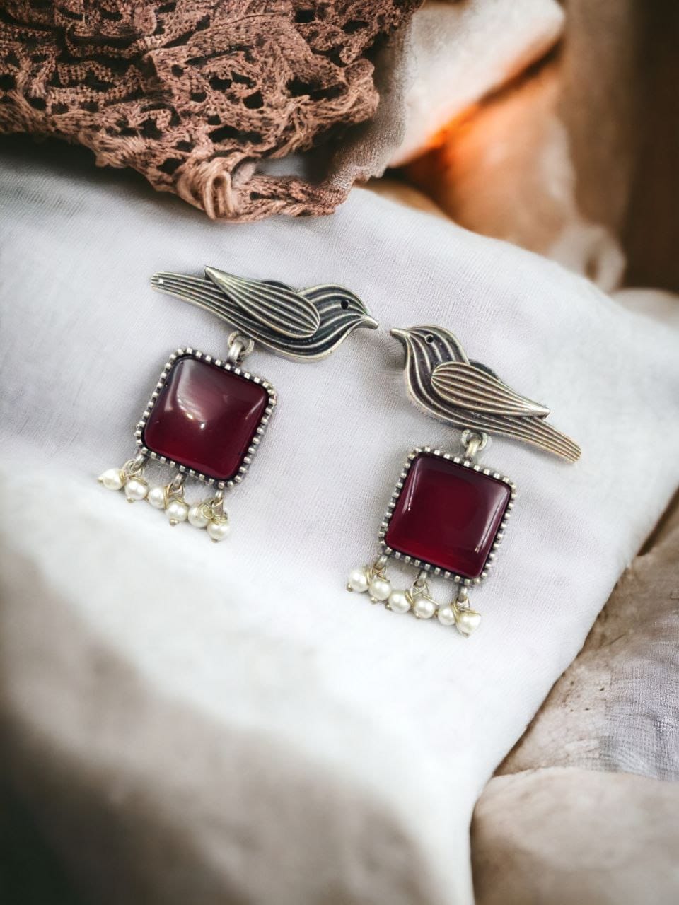 Maabetii Red Stylish Stone with Oxidised Dangler Stud