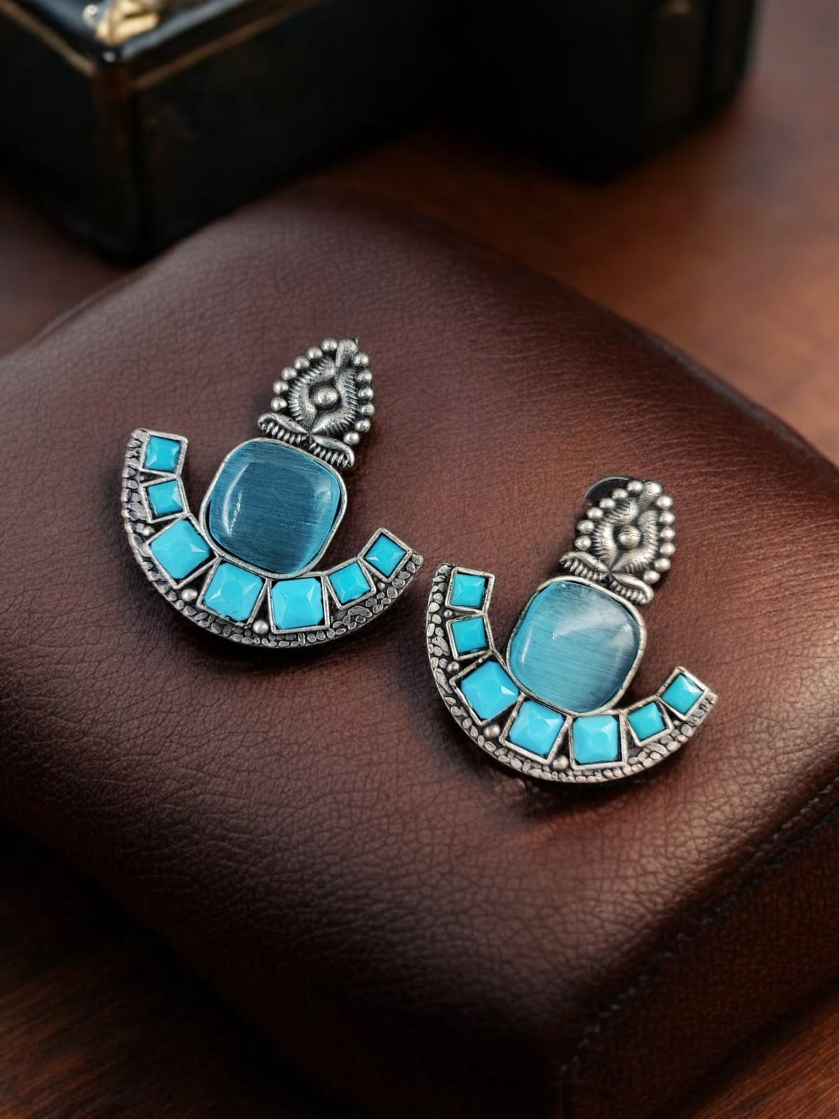 Maabetii Sky Blue Antique Oxidised Stone Stud Earring