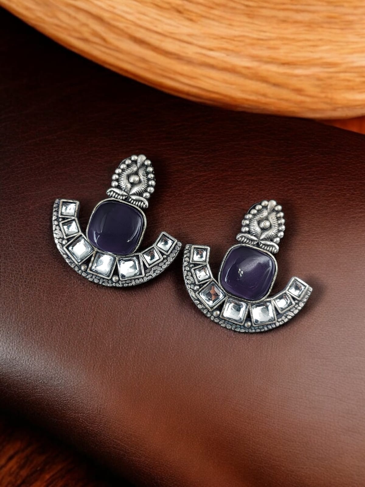 Maabetii Blue Antique Oxidised Stone Stud Earring