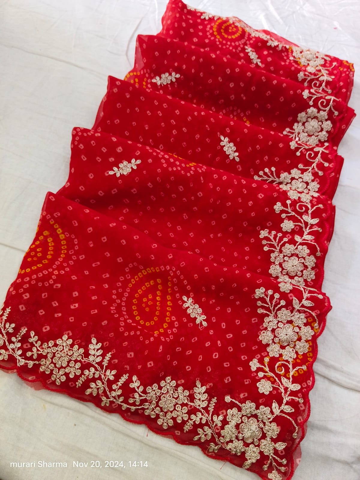 Maabetii Red Georgette Bandej Pitta and Sequence Work Saree