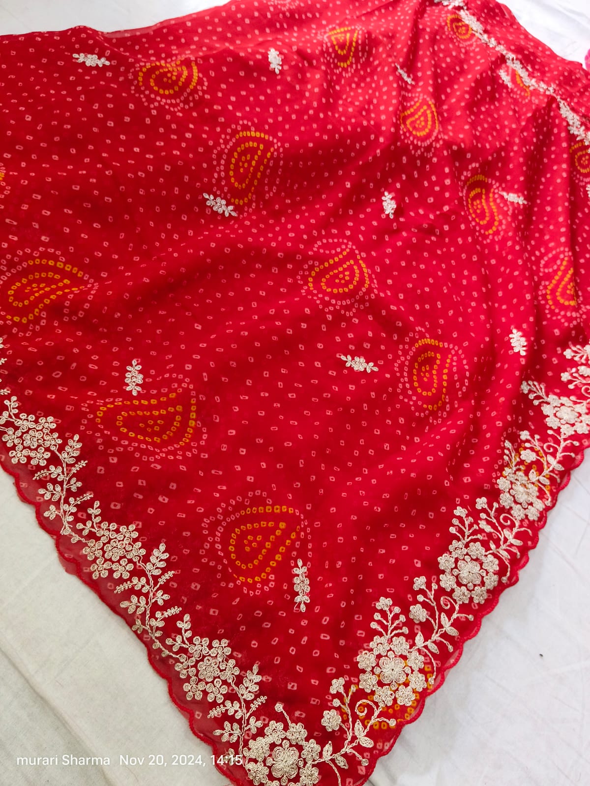 Maabetii Red Georgette Bandej Pitta and Sequence Work Saree