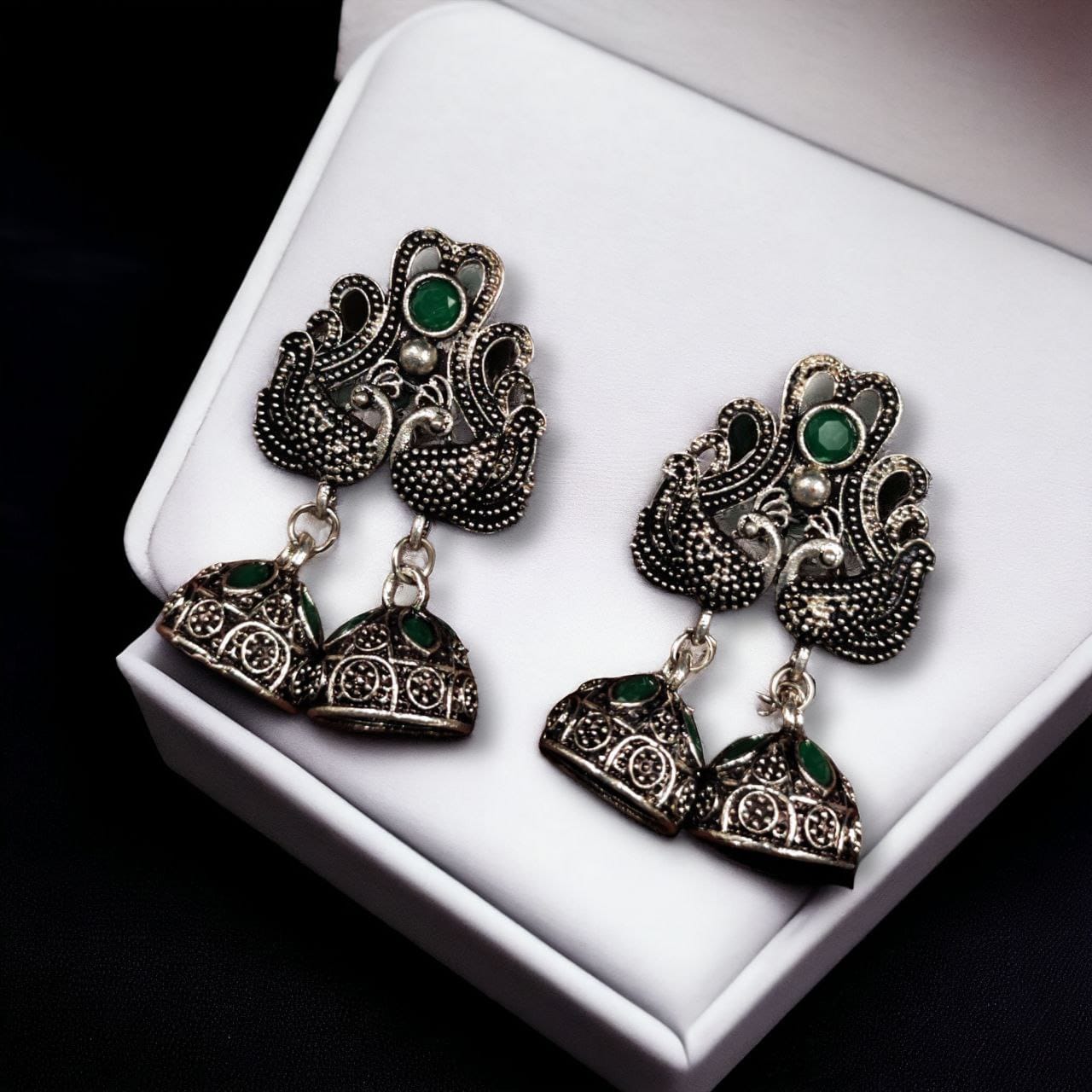 Maabetii German Silver Peacock Stud Earrings