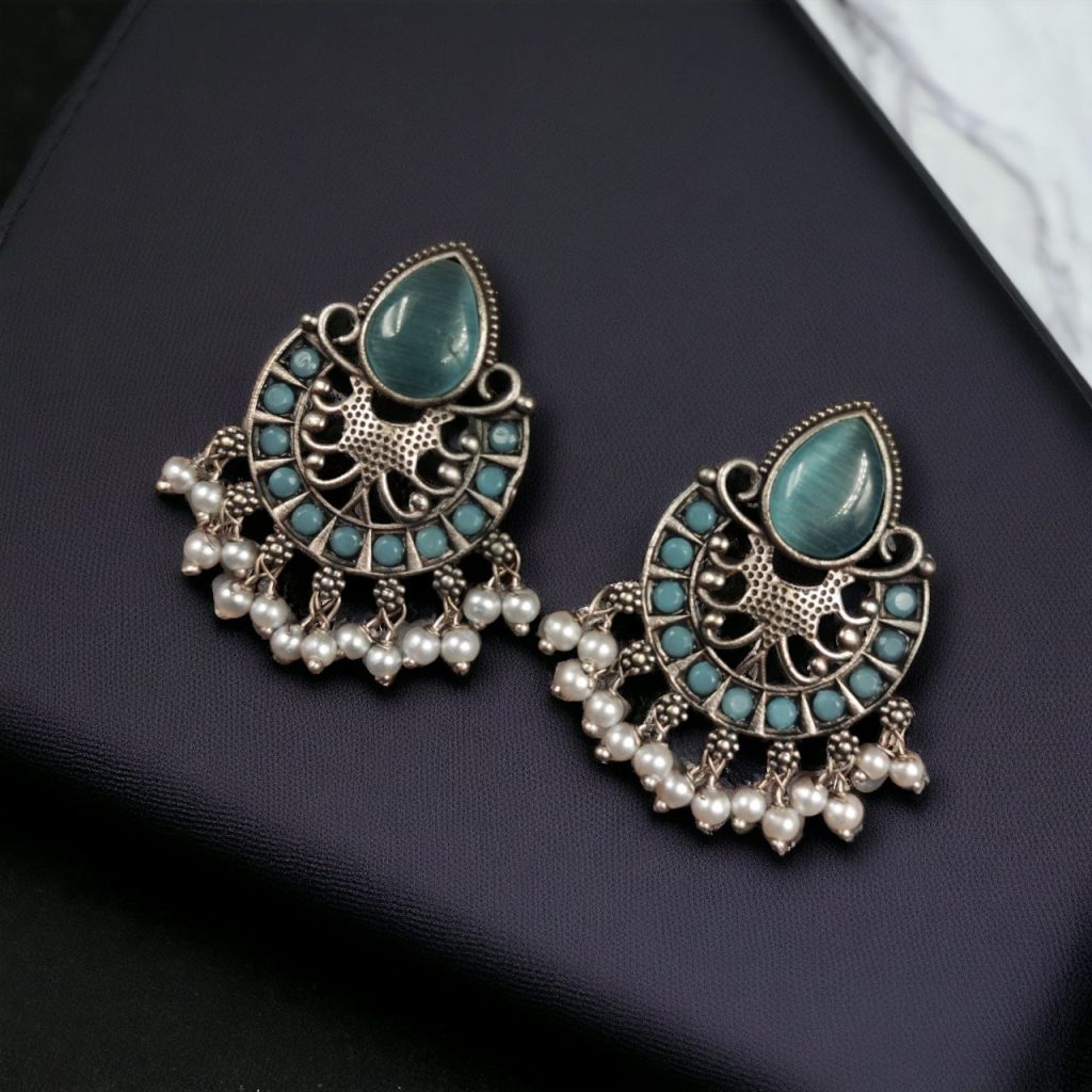 Maabetii Sky Blue Elegant Brass Monalisa Stone Stud Earrings