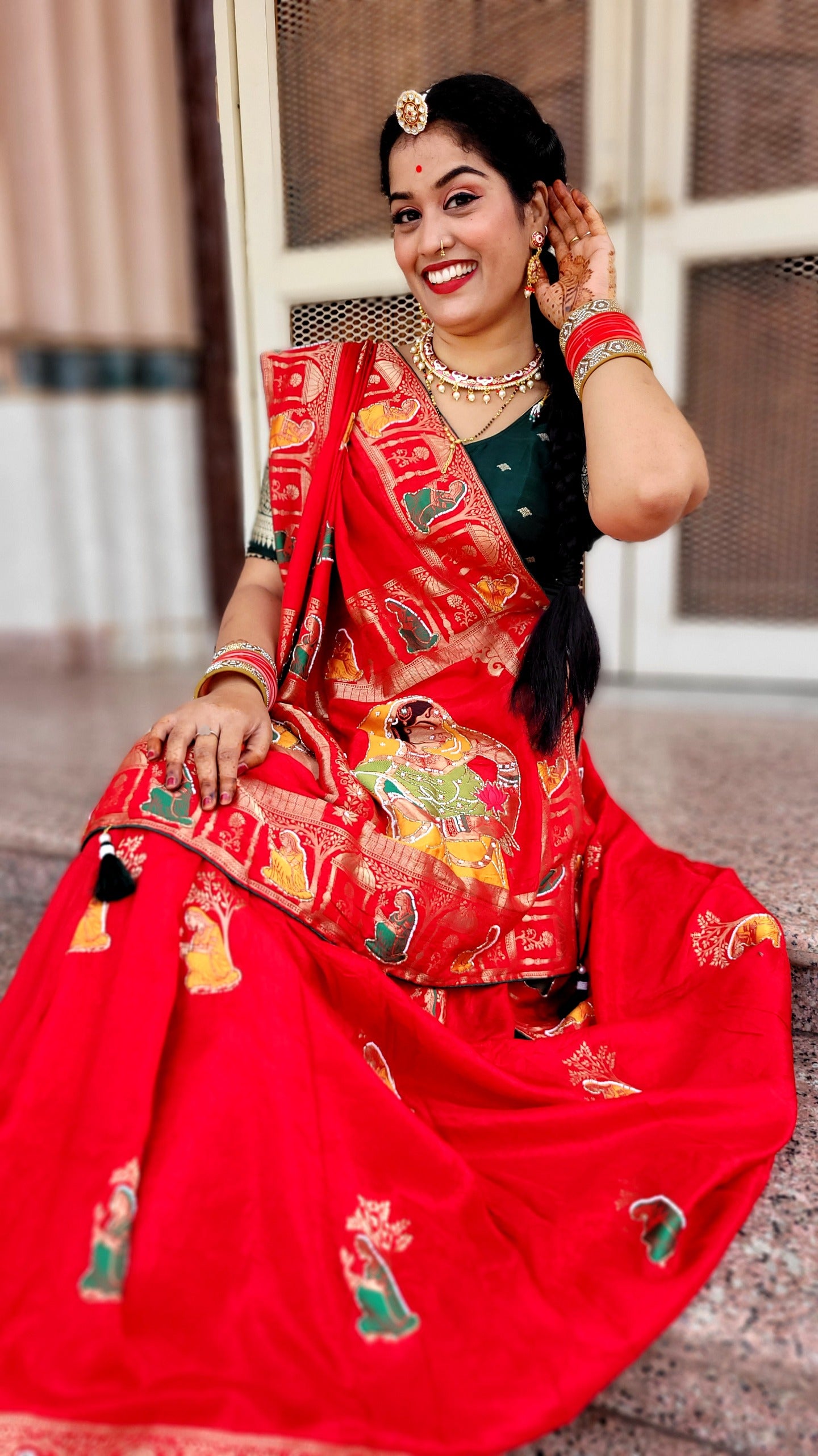 Maabetii Red Pure Dola Silk Meenakari Zari Work Saree with Contrast Blouse