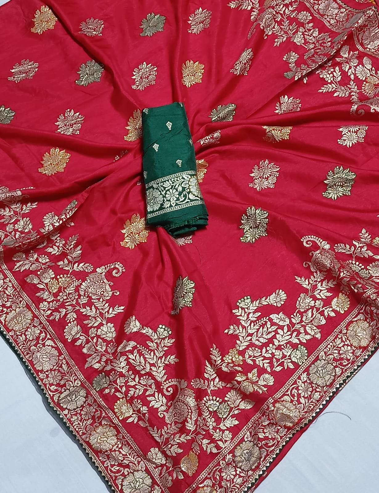 Maabetii Red Dola Silk Zari Work Saree with Contrast Blouse