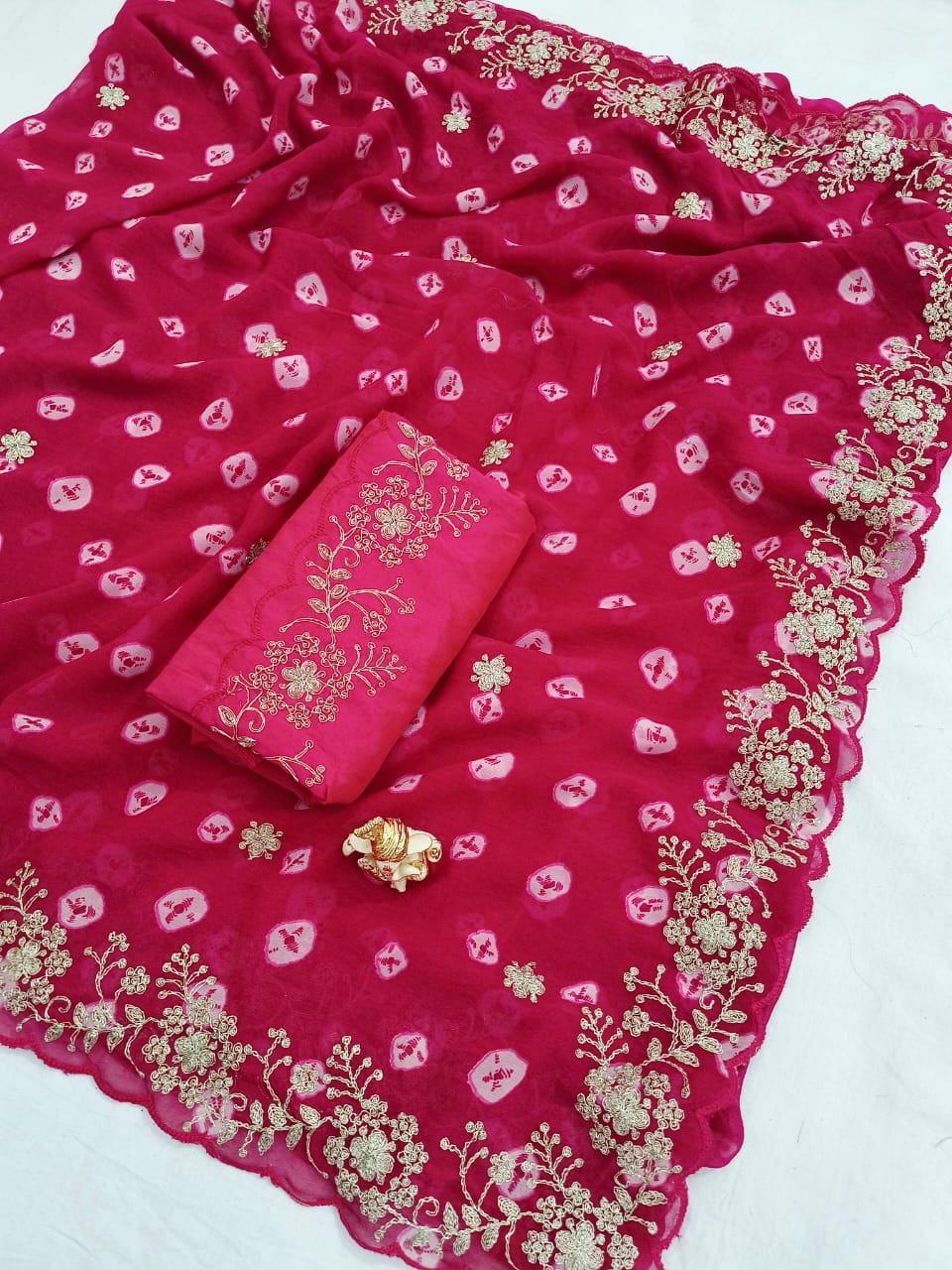 Maabetii Pink Georgette Hand Pita Work Saree with Running Blouse