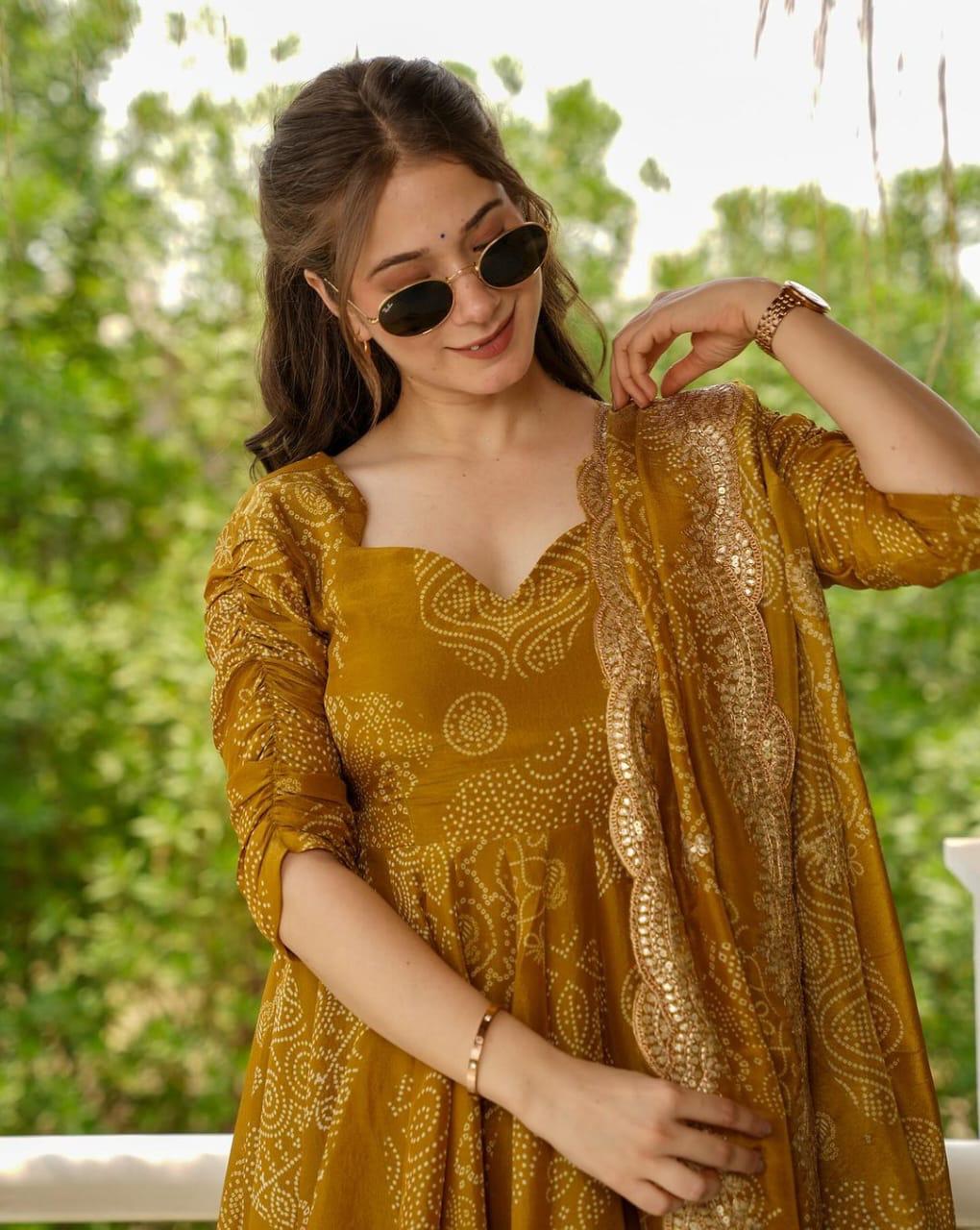 Maabetii Yellow Cotton Bandhani Print Anarkali Suit Set