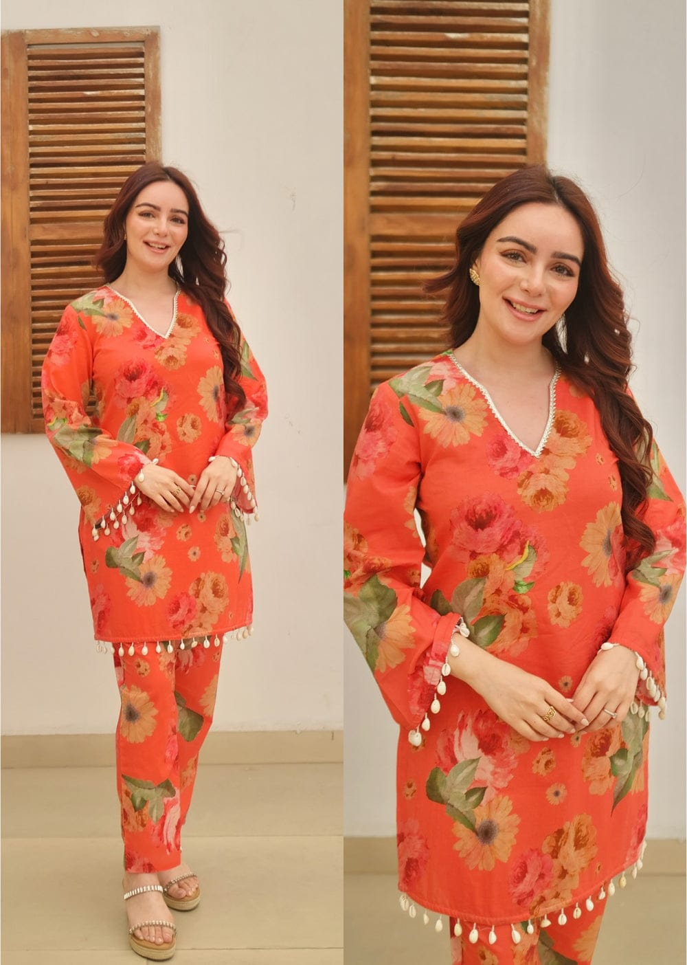 Orange mul cotton coord set with lace – front view