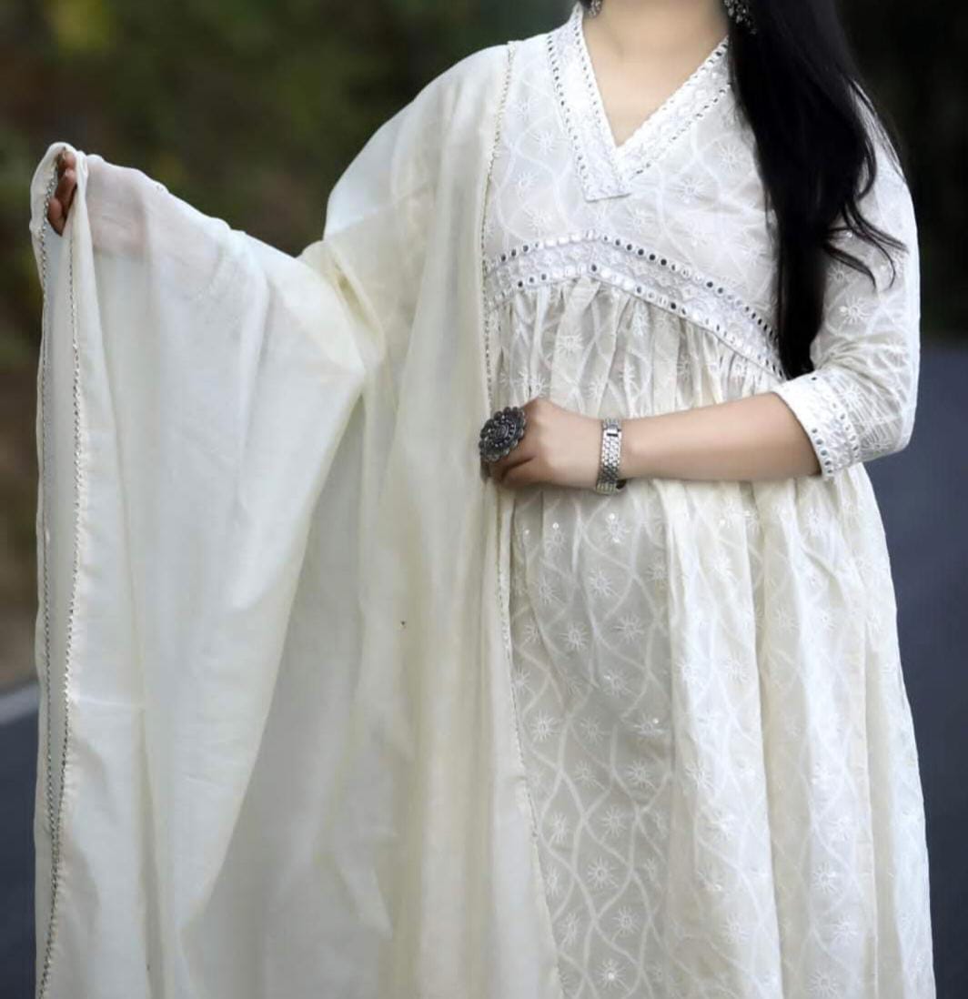 Shweta Off-White Chikankari Embellished Nyra Cut Kurti Set