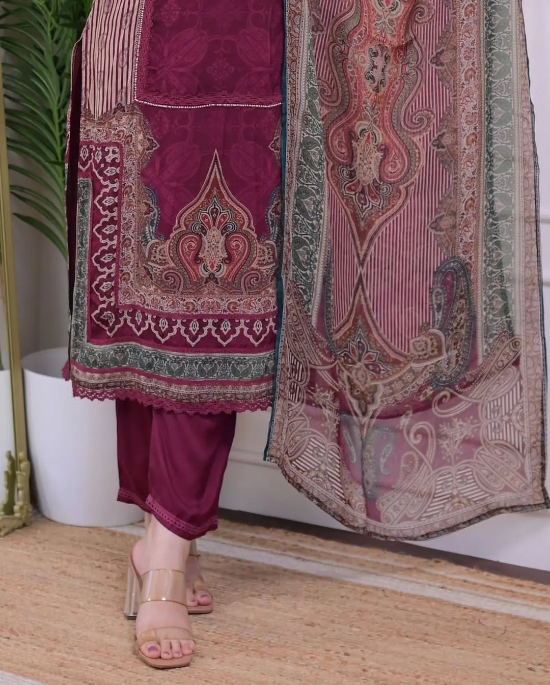 Gulnaar Muslin Pakistani Maroon Suit with Digital Print & Hand Embroidery