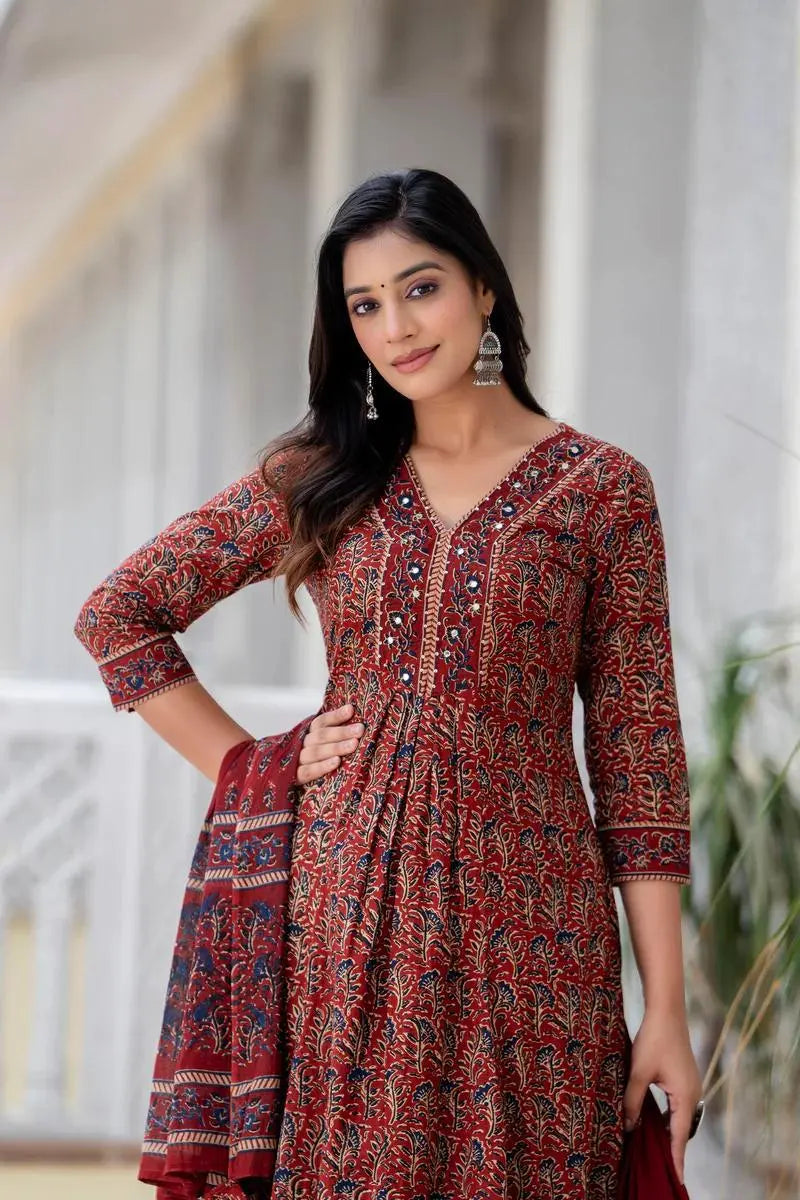 Stylish flared cotton kurta set with katha and sequence work