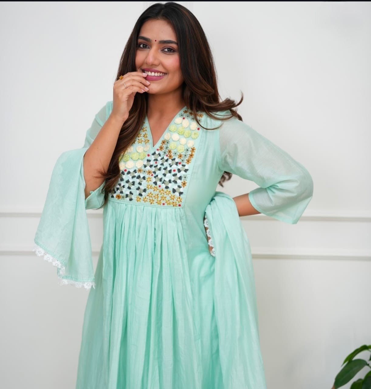 Eshika Embroidered A-Line Cotton Kurti Set