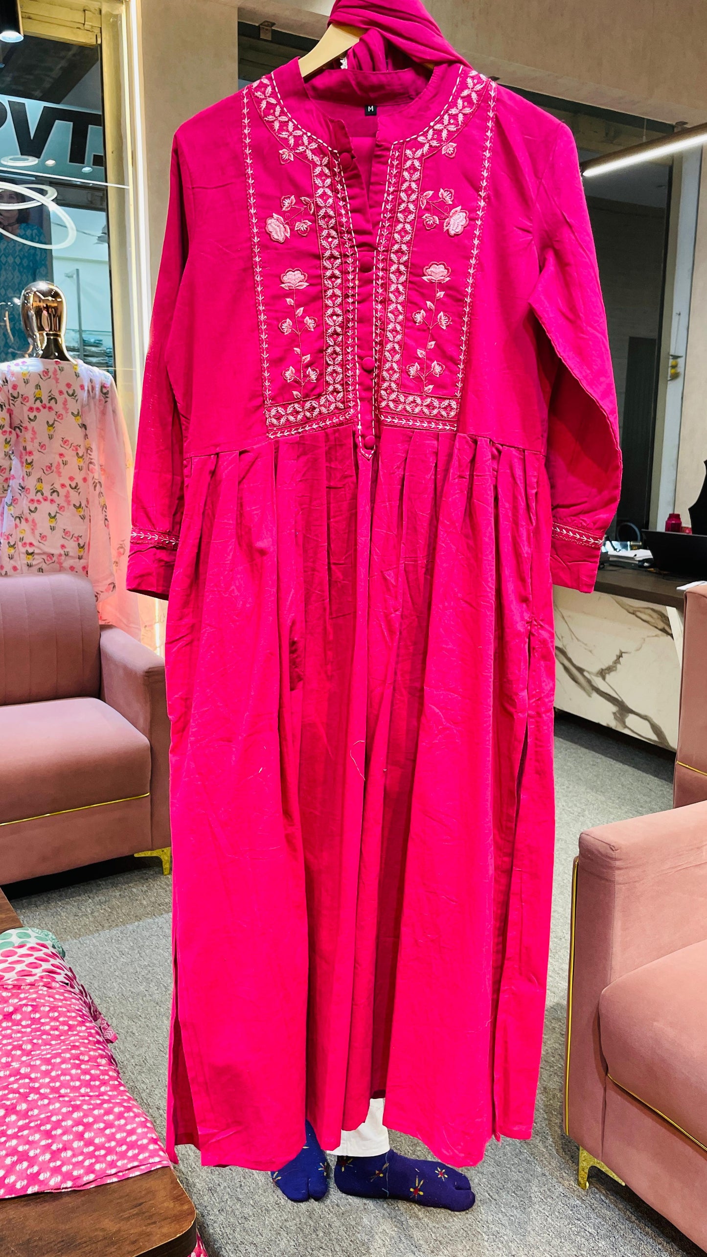 MaaBetii Pink Cotton Embroidery Suit Set